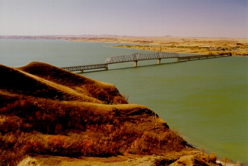 The Four Bears Bridge over Lake Sakakawea formed when the Garrison Dam backed up the Missouri River.